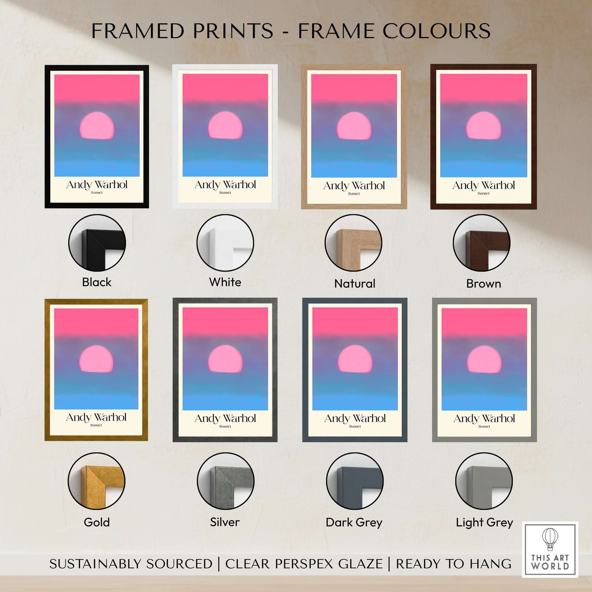 Andy Warhol Sunset Pink Blue Pop Art Poster Abstract Screenprint Wall Art Print with various frame color options.
