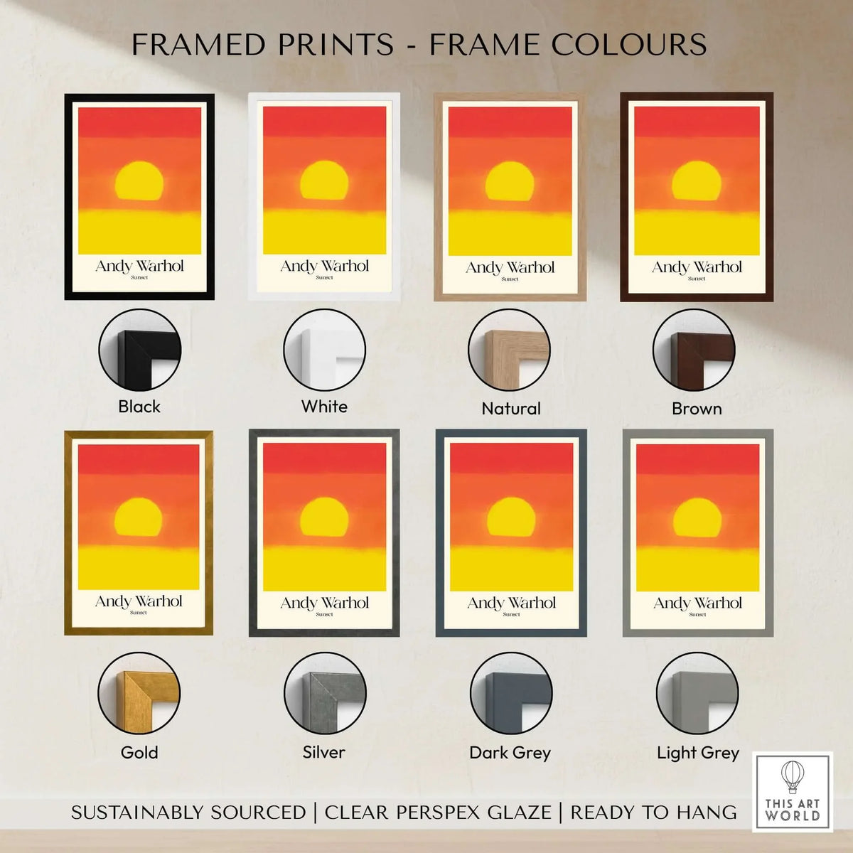Andy Warhol Sunset Red Yellow Pop Art Abstract Print Modern Landscape Poster framed in various color options.
