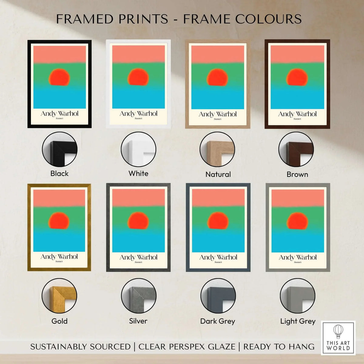 Andy Warhol Sunset Coral Green Blue Pop Art Poster Abstract Wall Art Print Modern framed print color options display