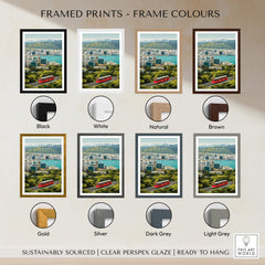 Wellington New Zealand Wall Art Print | Travel Poster framed in various colors like black, white, natural, brown, gold, and silver.