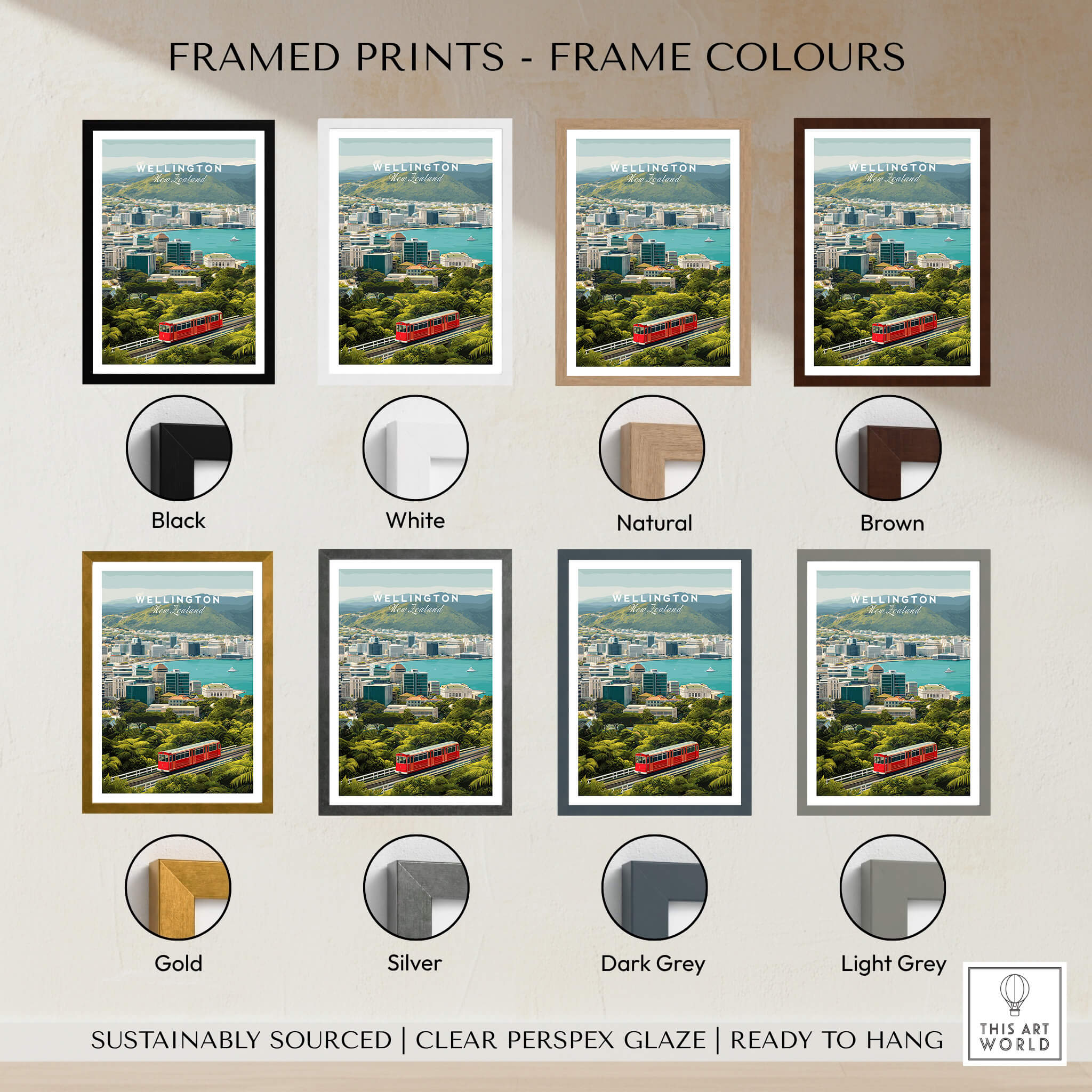 Wellington New Zealand Wall Art Print | Travel Poster framed in various colors like black, white, natural, brown, gold, and silver.