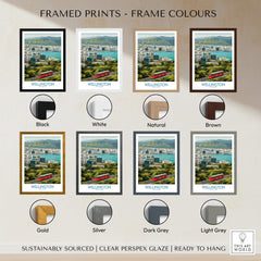 Wellington New Zealand Poster | Scenic City Skyline Landscape Canvas Print framed with various color options.