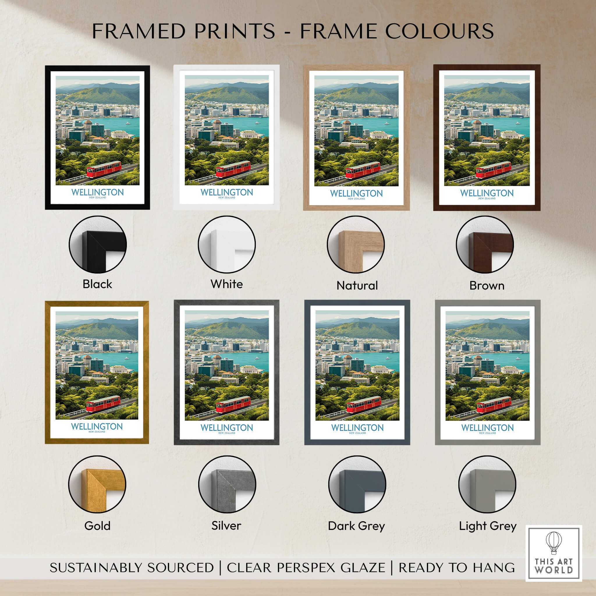 Wellington New Zealand Poster | Scenic City Skyline Landscape Canvas Print framed with various color options.
