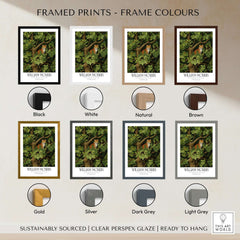 William Morris Ginger Cat in Tree Botanical Art Print - Foliage Poster framed in various colors including black, white, and brown.