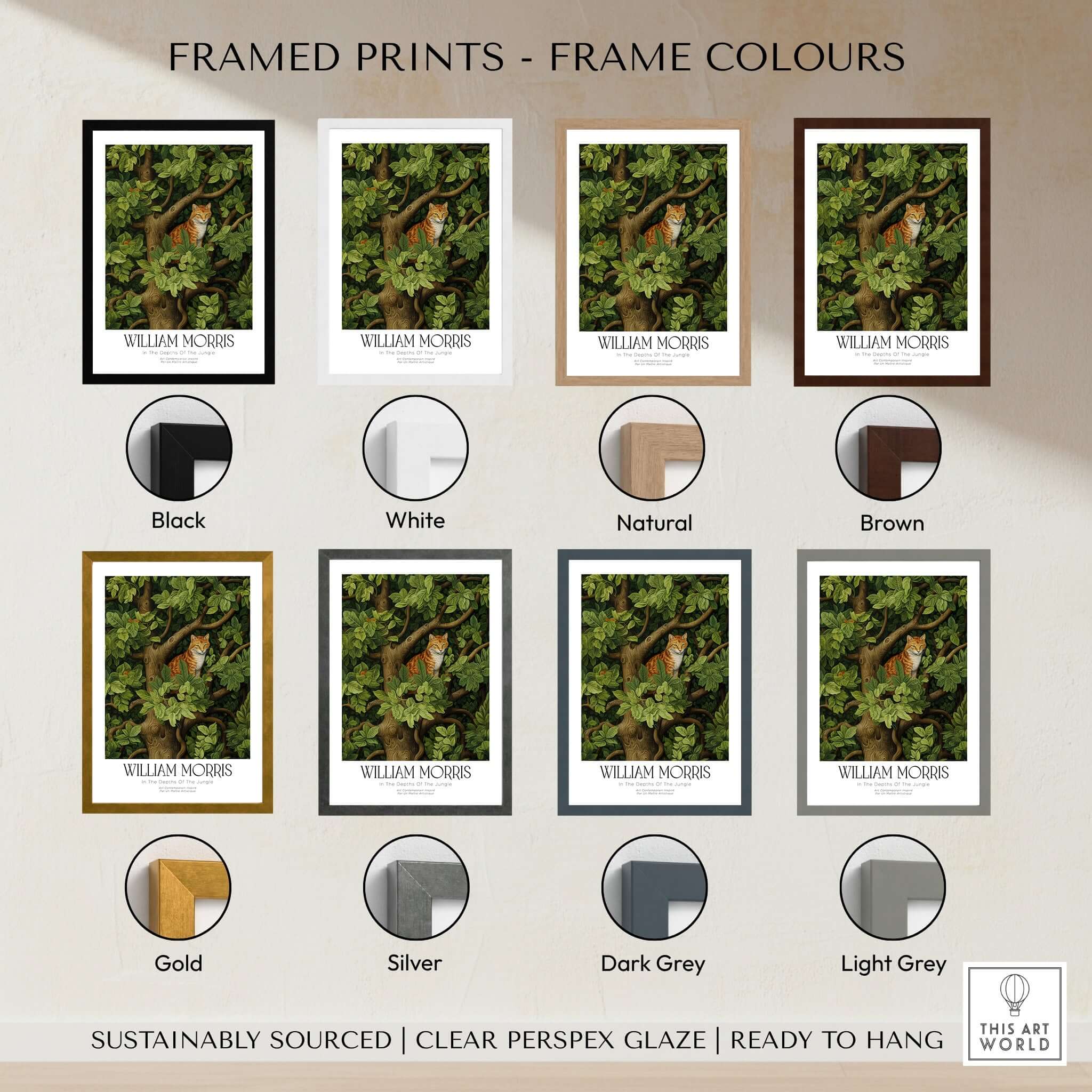 William Morris Ginger Cat in Tree Botanical Art Print - Foliage Poster framed in various colors including black, white, and brown.