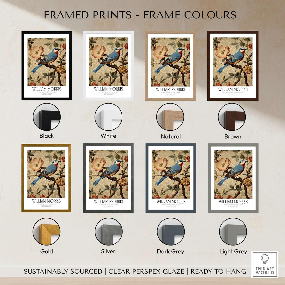 William Morris Prints - Blue Bird Floral Art Print - Botanical Poster displayed in various frame colors including black, white, and brown.