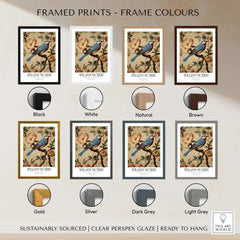 William Morris Prints - Blue Bird Floral Art Print - Botanical Poster displayed in various frame colors including black, white, and brown.