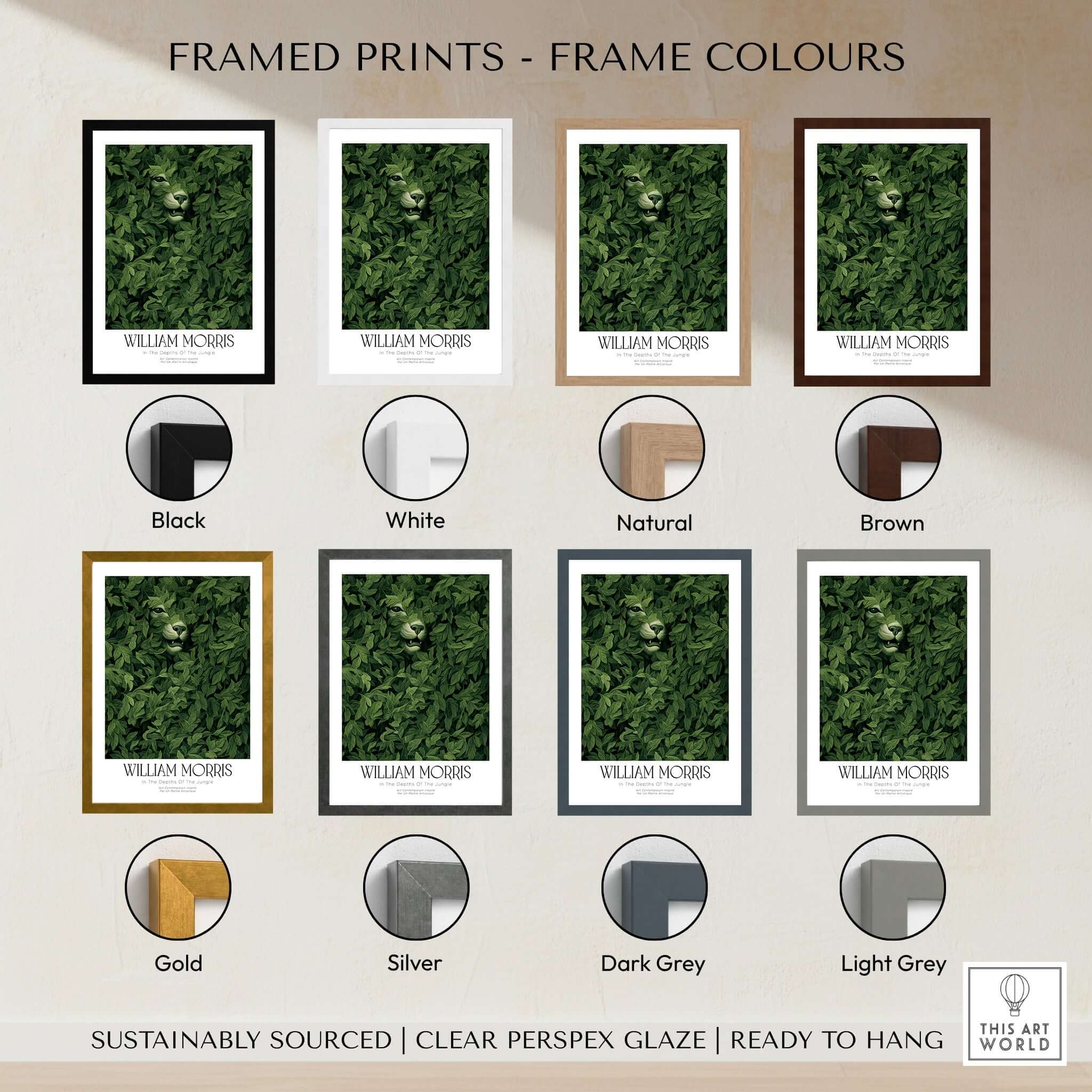 William Morris Prints - In the Depths of the Jungle Foliage Botanical Art Print framed options with color samples.