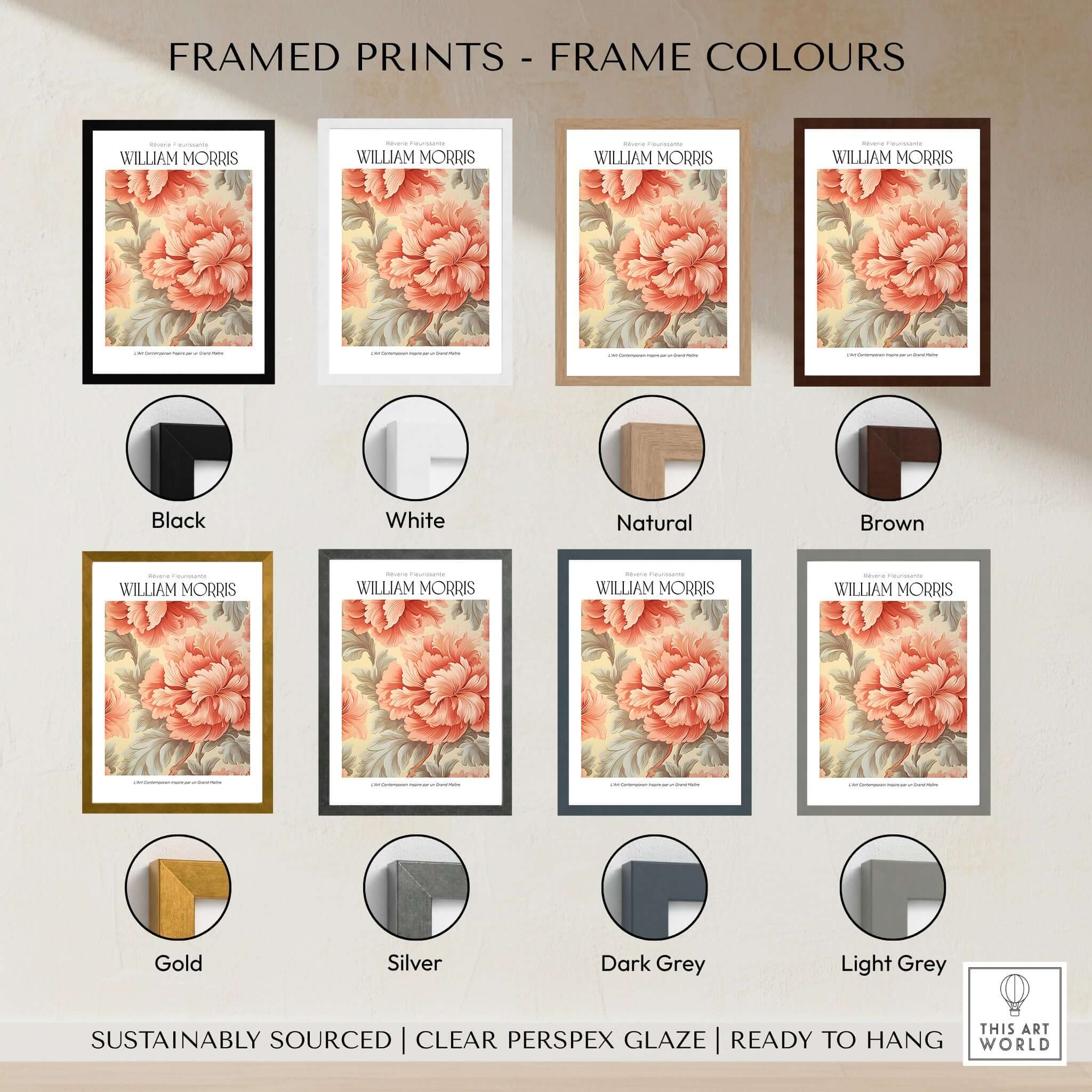 Framed prints showcasing William Morris Prints - Pink Peony Pattern Art Print in various frame colors.