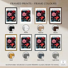 William Morris Prints - Dark Floral Lily Art Print - Vibrant Botanical Poster framed in various colours including black, white, and natural.