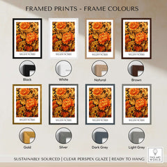 Framed prints in various colors showcasing William Morris Prints - Orange Gold Floral Pattern Art Print - Dark Botanical Poster.