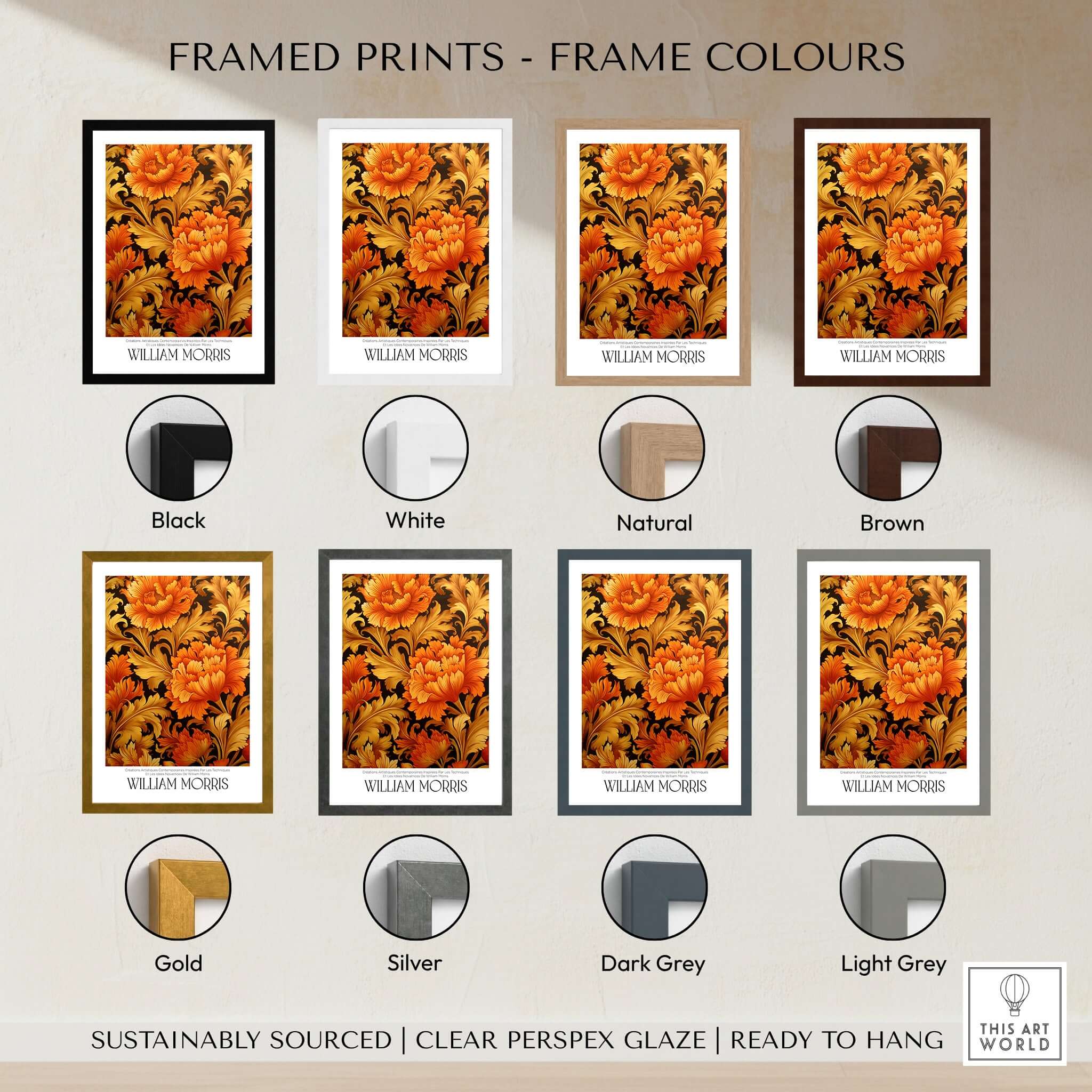 Framed prints in various colors showcasing William Morris Prints - Orange Gold Floral Pattern Art Print - Dark Botanical Poster.