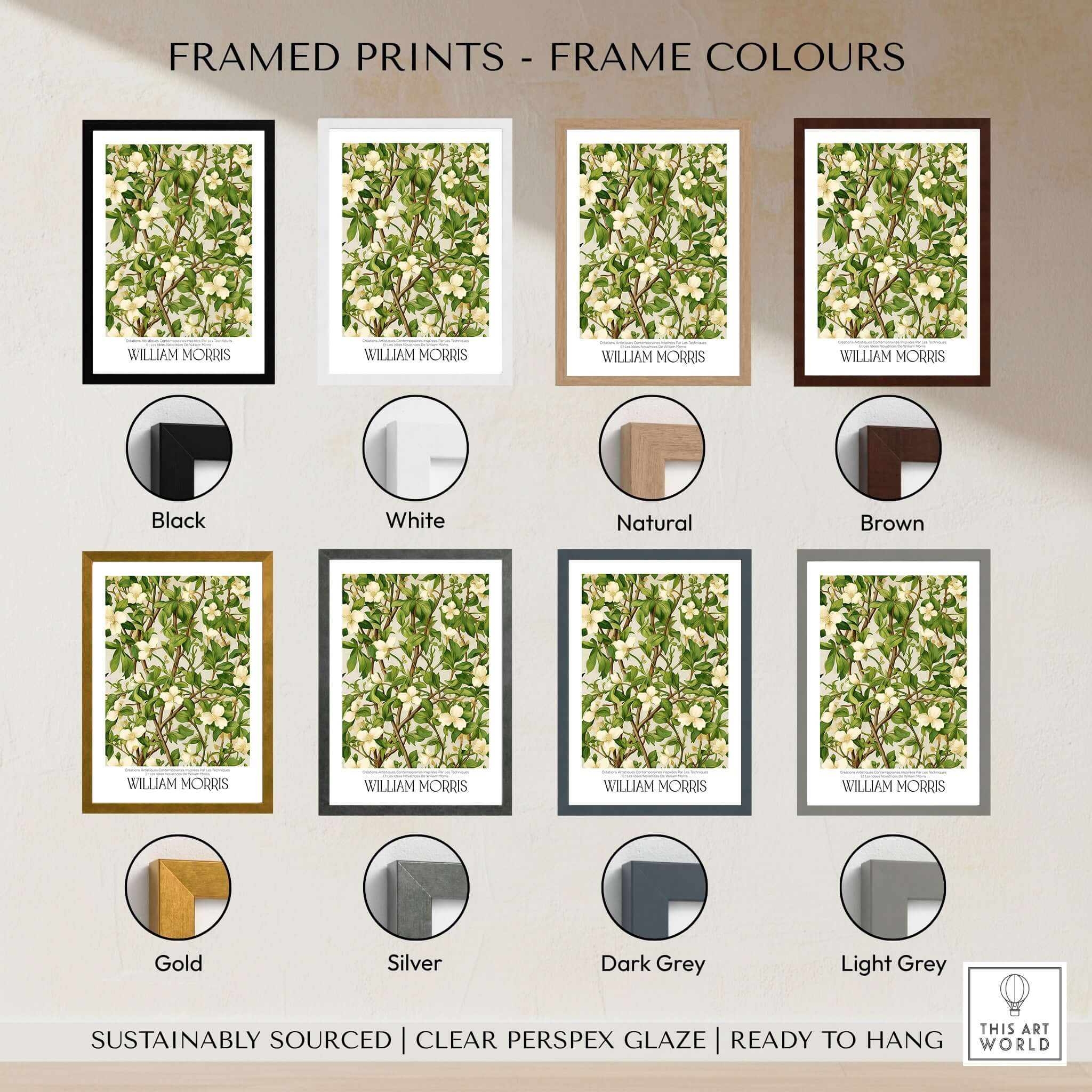 Framed prints in various colors including black, white, natural, brown, gold, silver, dark grey, and light grey for William Morris Prints - White Blossom Branch Art Print - Exhibition Poster.