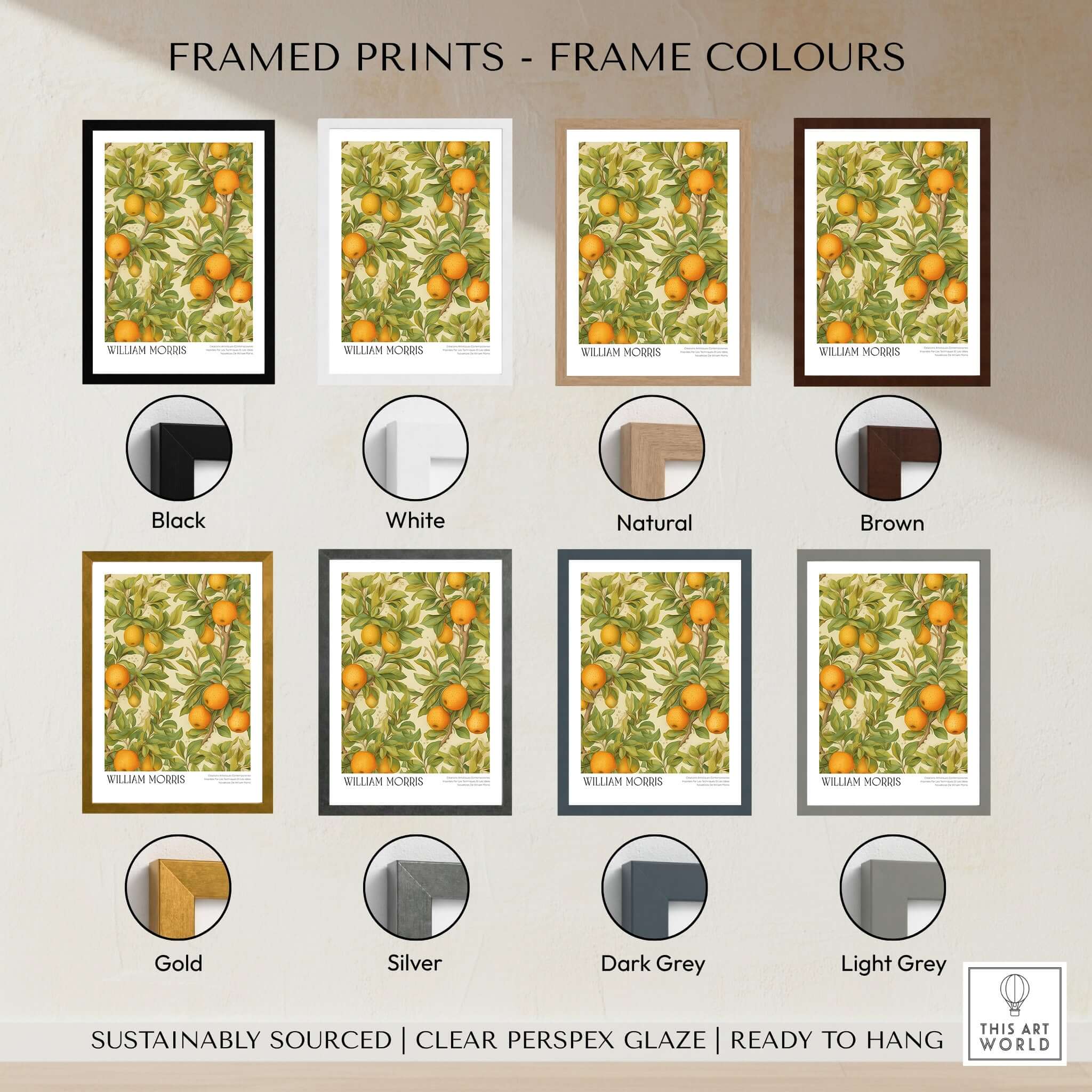 Framed prints in various colors for William Morris Prints - Orange Grove Fruit Tree Art Print - Botanical Poster.