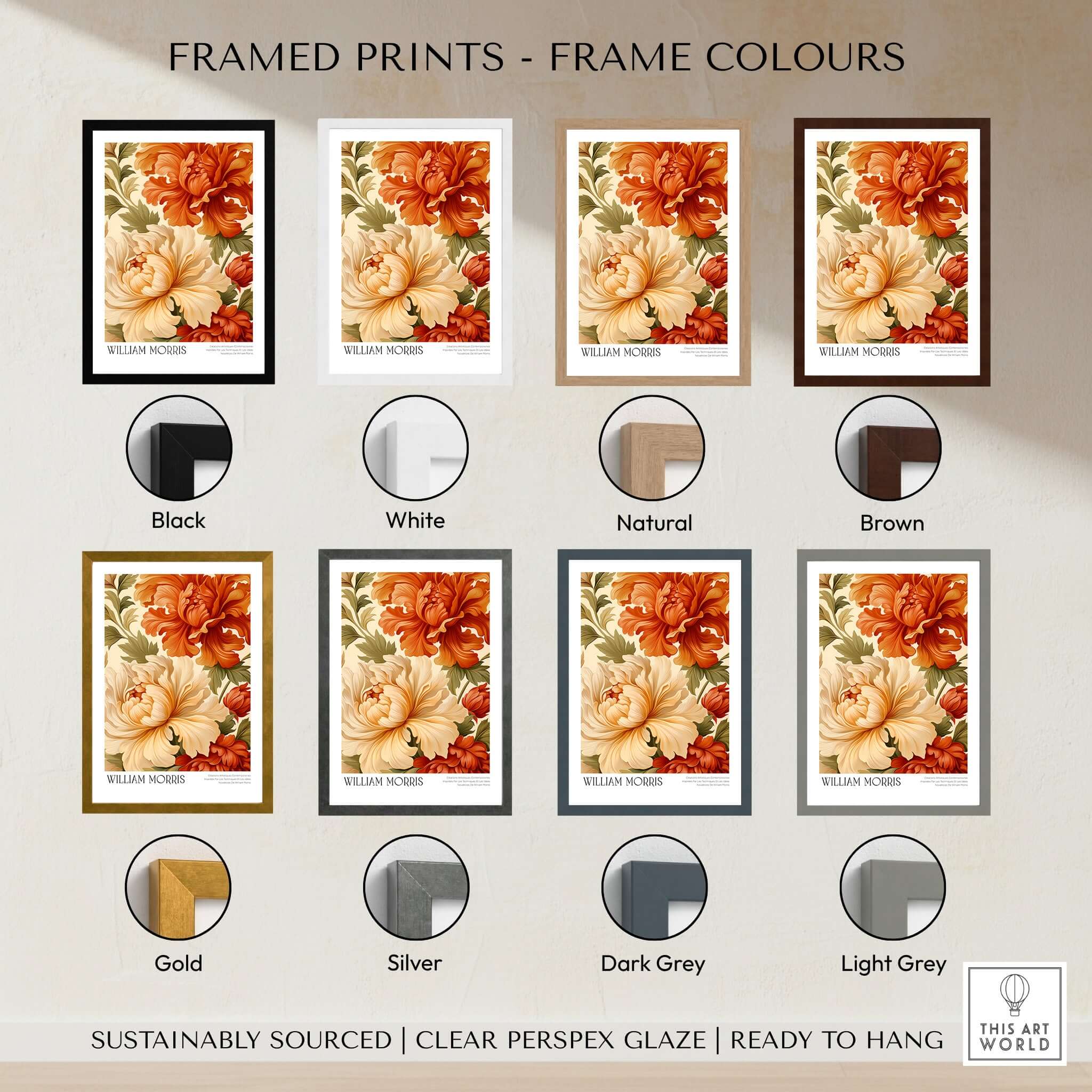 William Morris Art Prints - Peony Blooms Art Print - Orange Cream Floral Poster in various frame colours options.