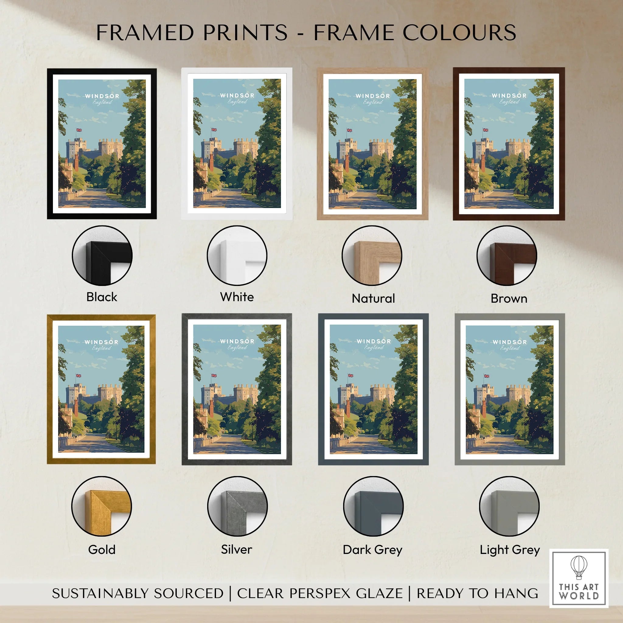 Windsor travel poster art in eight frame color options: black, white, natural, brown, gold, silver, dark grey, and light grey.
