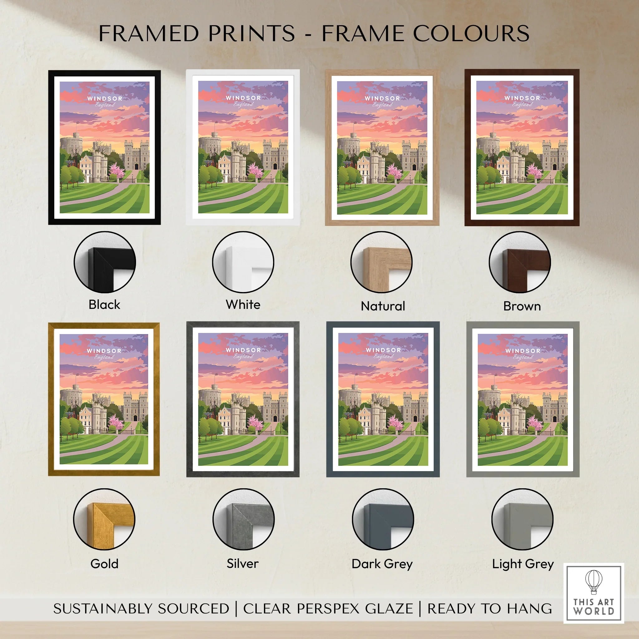 Windsor travel poster print with eight frame color options: black, white, natural, brown, gold, silver, dark grey, light grey.