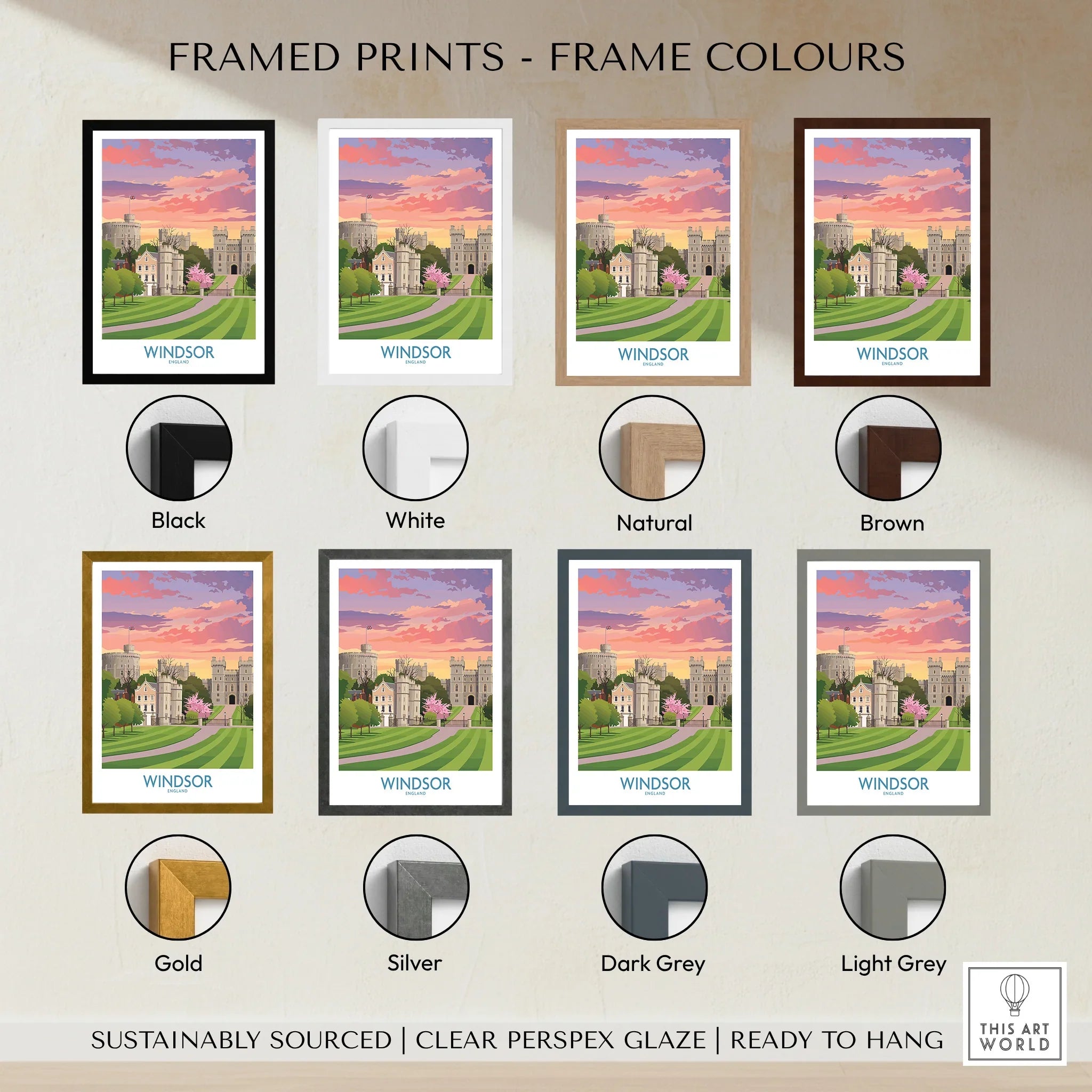 Windsor travel poster art print with eight frame color options: black, white, natural, brown, gold, silver, dark grey, and light grey.