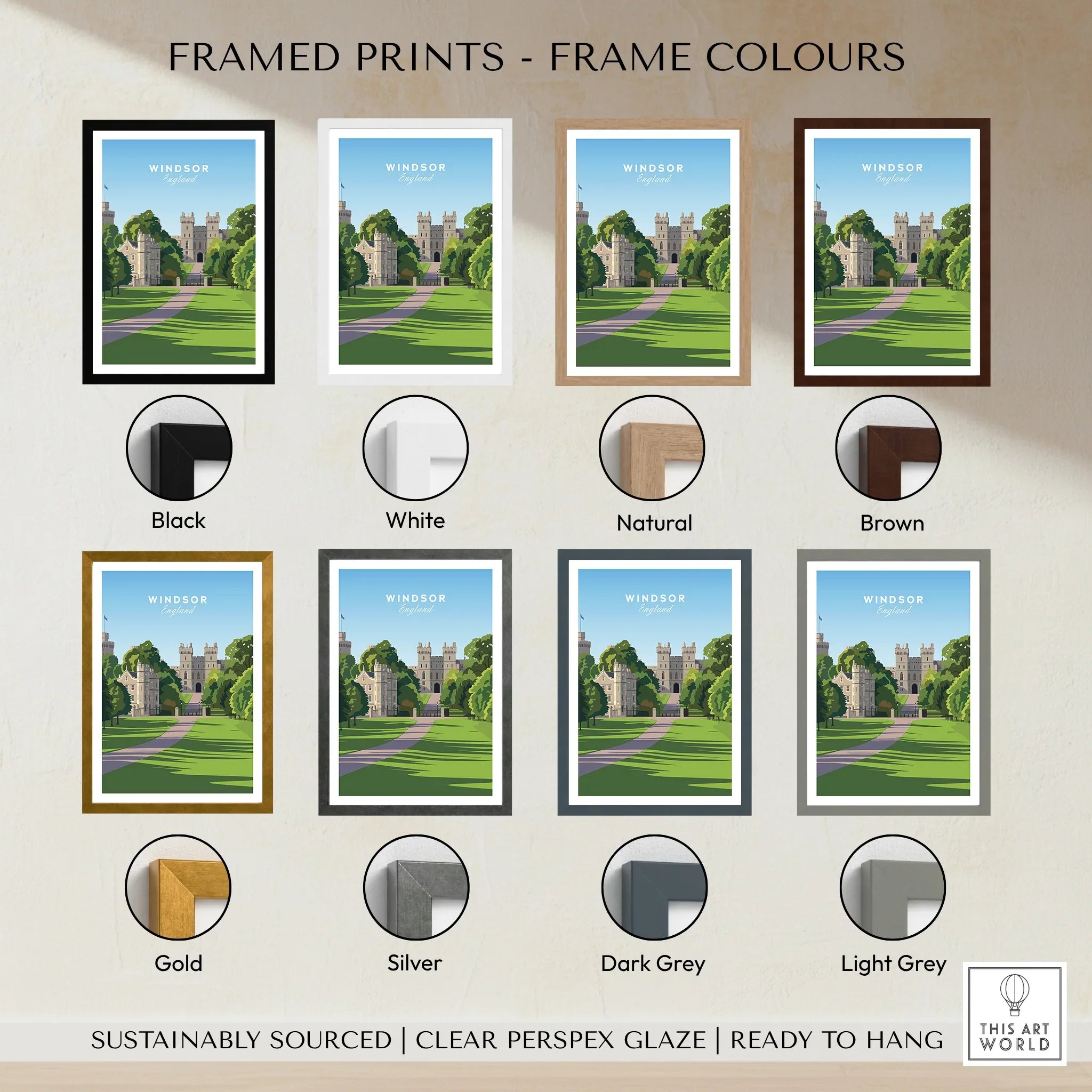 Windsor Castle travel poster print shown in black, white, natural, brown, gold, silver, dark grey, and light grey frame options.