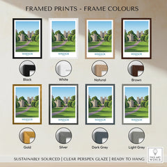Windsor travel poster print displayed with eight different frame color options on a wall.