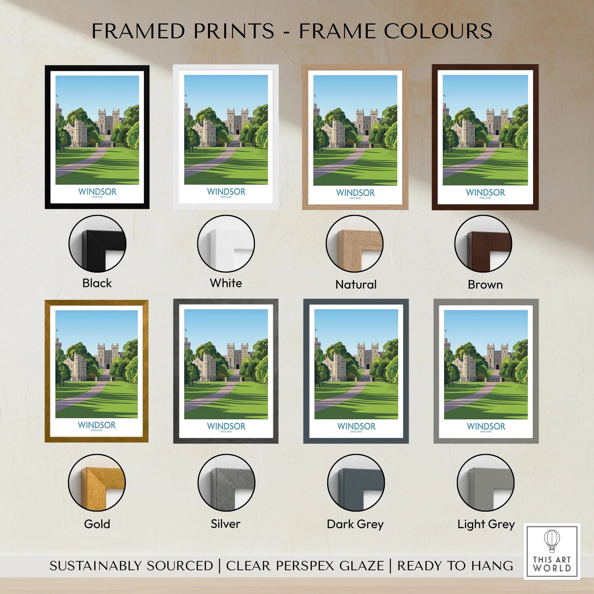 Windsor travel poster print displayed with eight different frame color options on a wall.