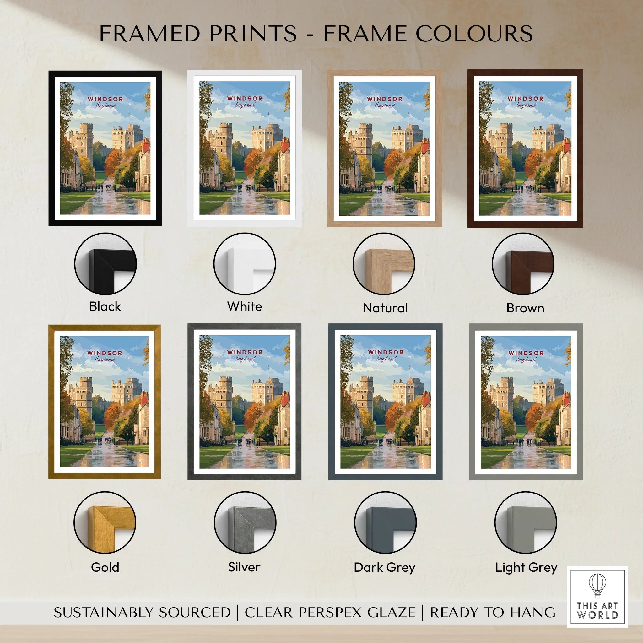 Windsor travel poster wall art in eight frame color options: black, white, natural, brown, gold, silver, dark grey, and light grey.