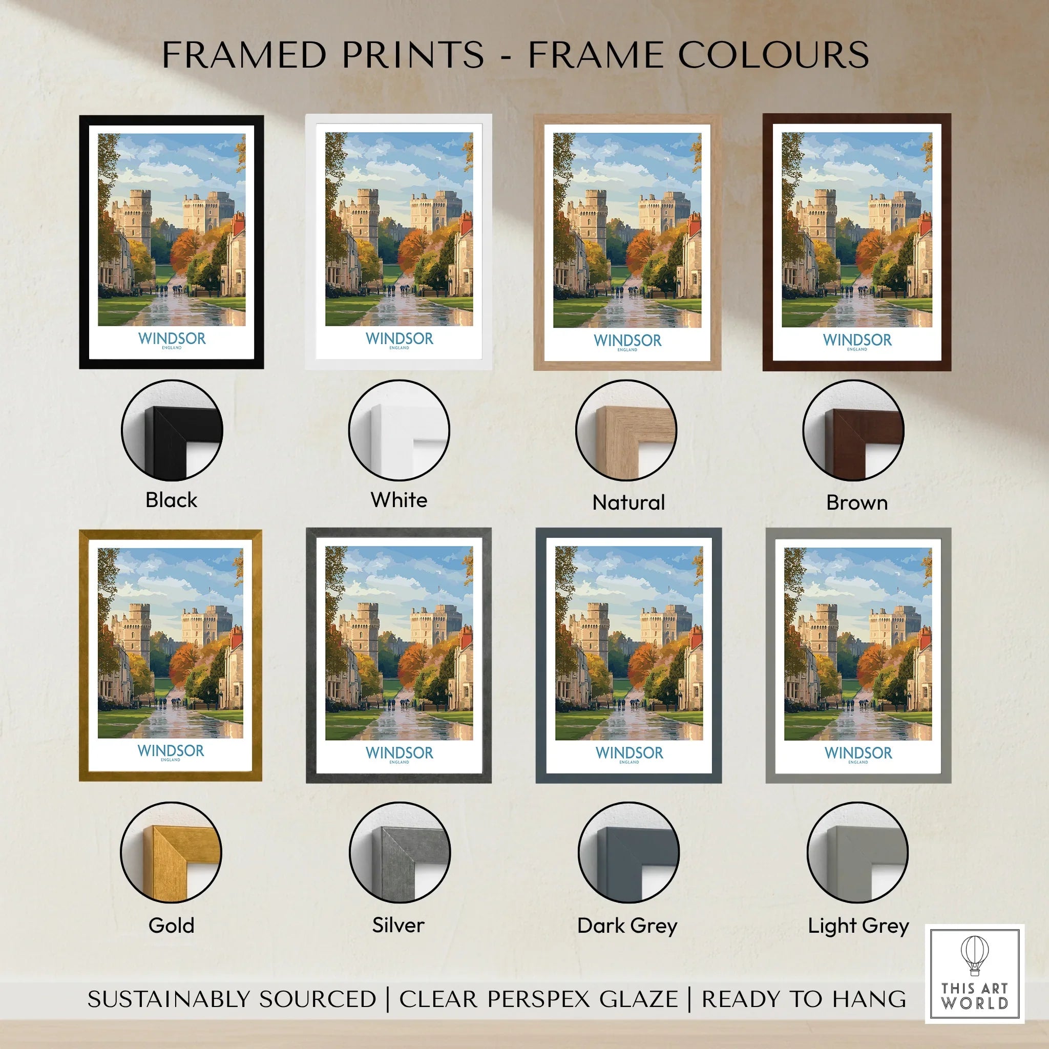Windsor travel poster art print with eight frame color options: black, white, natural, brown, gold, silver, dark grey, and light grey.