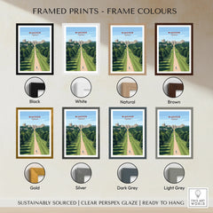 Windsor framed travel poster print with eight frame color options including black, white, natural, brown, gold, silver, dark grey, and light grey.