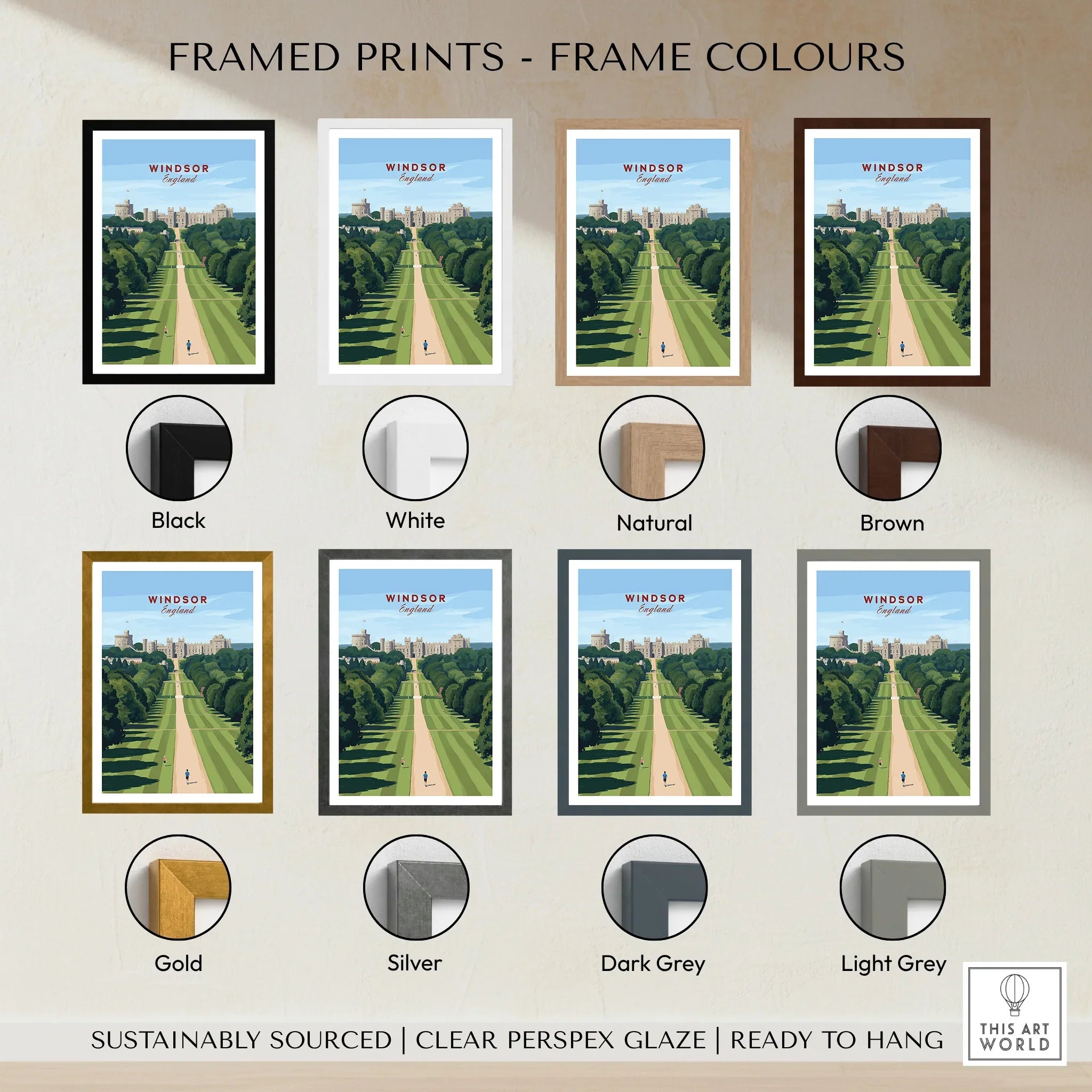 Windsor framed travel poster print with eight frame color options including black, white, natural, brown, gold, silver, dark grey, and light grey.