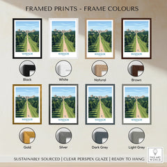 Windsor travel poster wall art in seven frame color options: black, white, natural, brown, gold, silver, and grey.