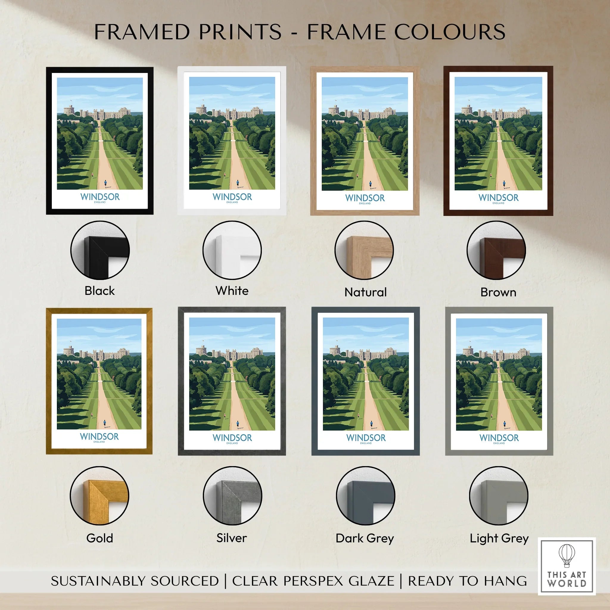 Windsor travel poster wall art in seven frame color options: black, white, natural, brown, gold, silver, and grey.