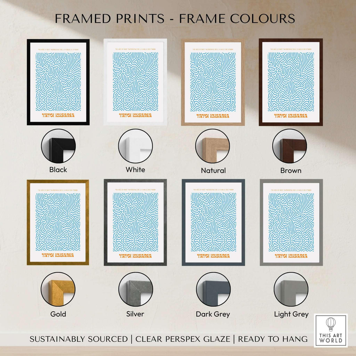 Framed prints showcasing Yayoi Kusama Blue Infinity Net Pattern Abstract Art Print Paris Exhibition Poster in various frame colors.