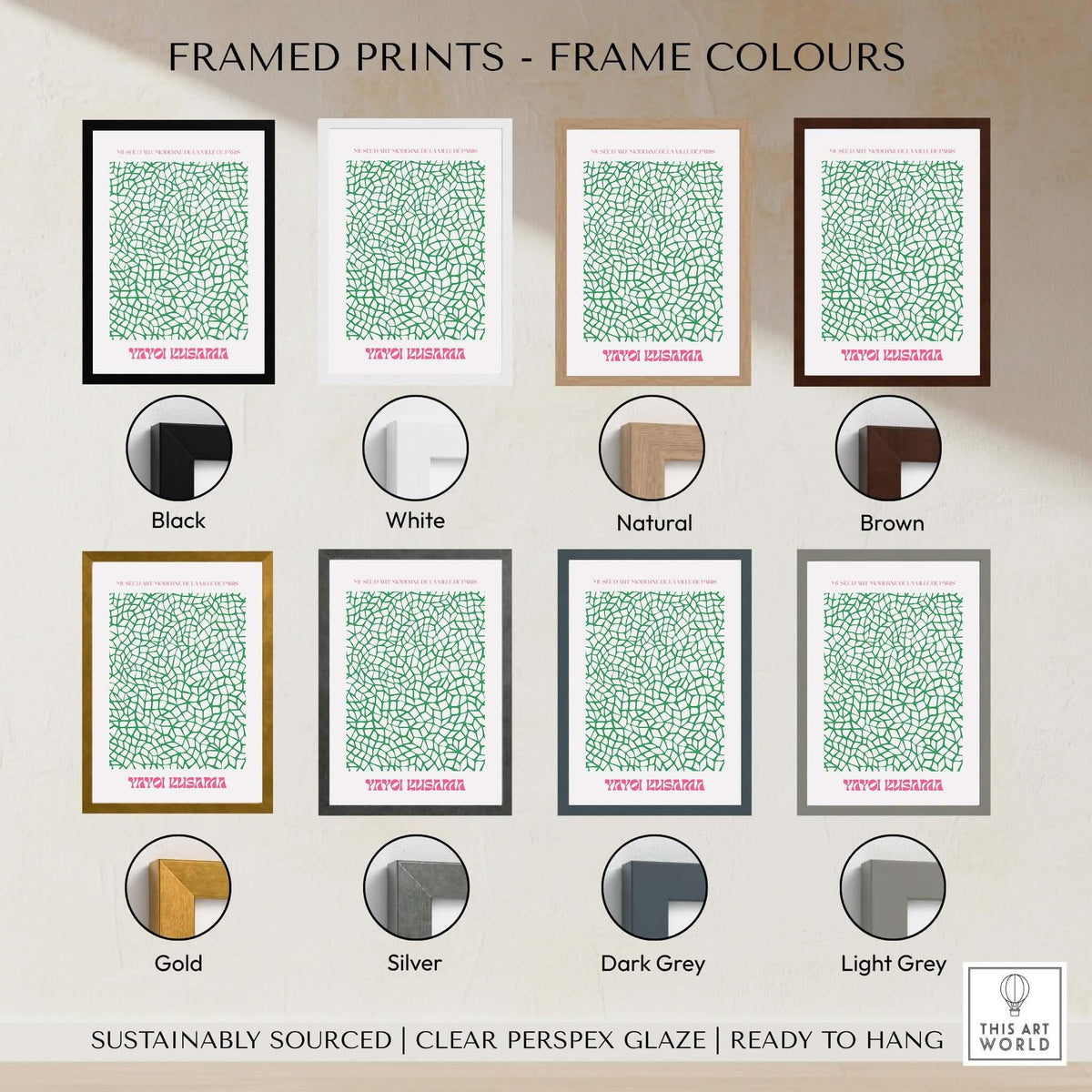 Framed prints showcasing Yayoi Kusama Green Net Pattern Abstract Contemporary Art Print Paris Poster Decor in various frame colors.