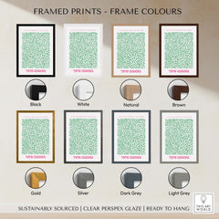 Framed prints showcasing Yayoi Kusama Green Net Pattern Abstract Contemporary Art Print Paris Poster Decor in various frame colors.