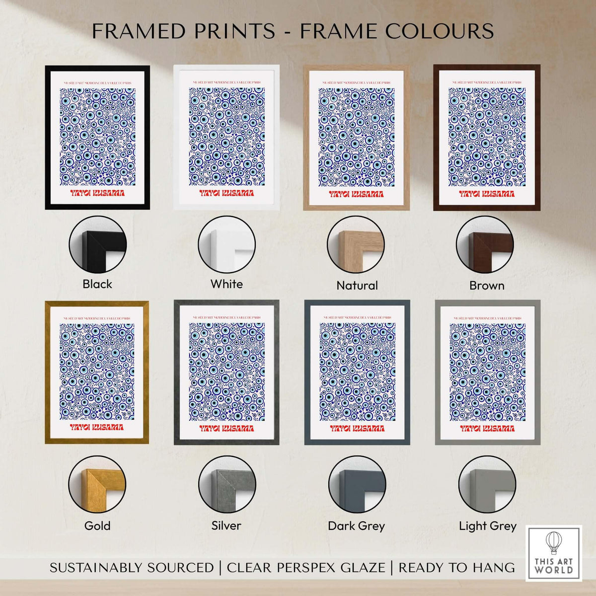 Yayoi Kusama Evil Eye Pattern Blue Contemporary Art Print Poster Paris Wall Decor framed in various colors options.