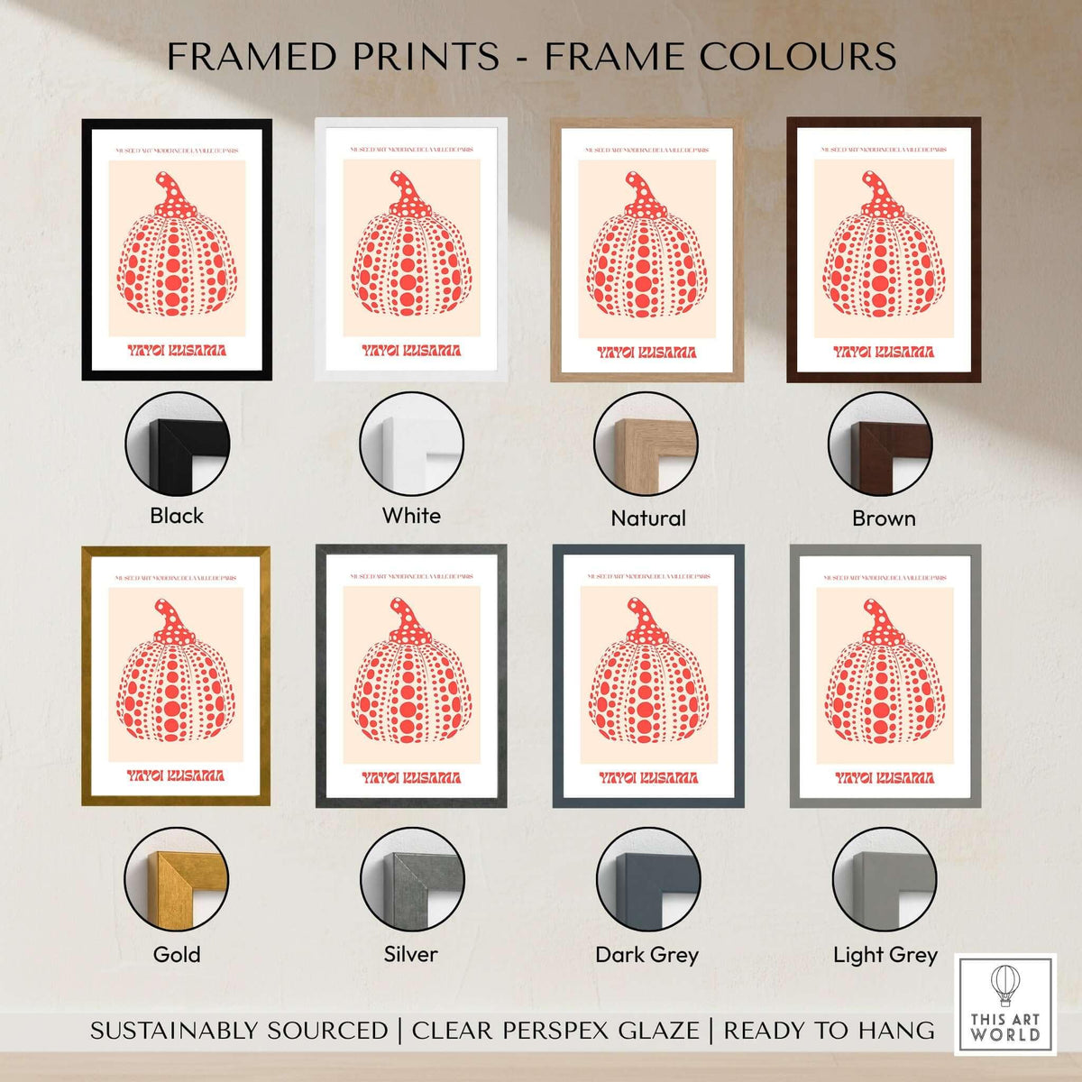Yayoi Kusama Red Pumpkin Polka Dot Pop Art Print Poster Paris Exhibition Wall Art framed in various colors.