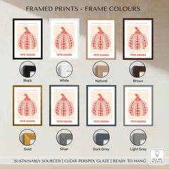 Yayoi Kusama Red Pumpkin Polka Dot Pop Art Print Poster Paris Exhibition Wall Art framed in various colors.