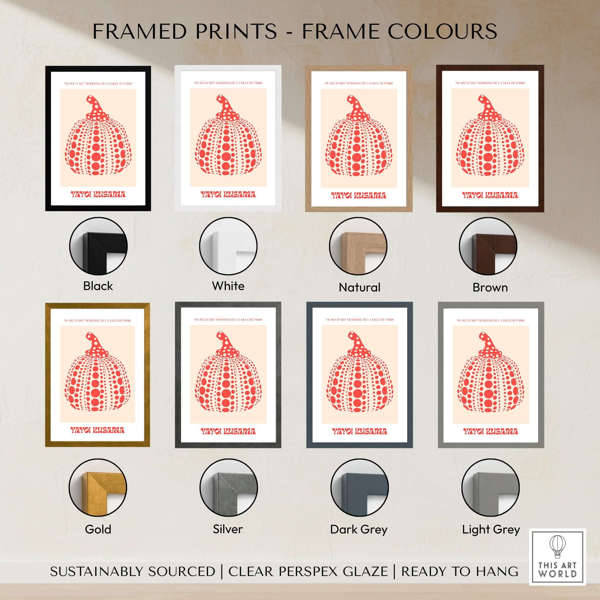 Yayoi Kusama Red Pumpkin Polka Dot Pop Art Print Poster Paris Exhibition Wall Art framed in various colors.