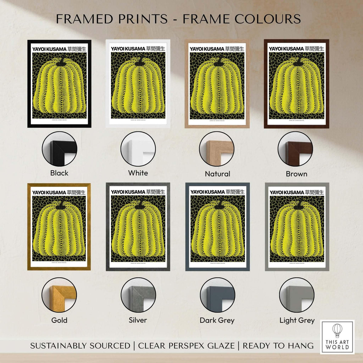 Yayoi Kusama Yellow Black Pumpkin 1991 Hong Kong Art Print Poster Polka Dot Decor framed print color options