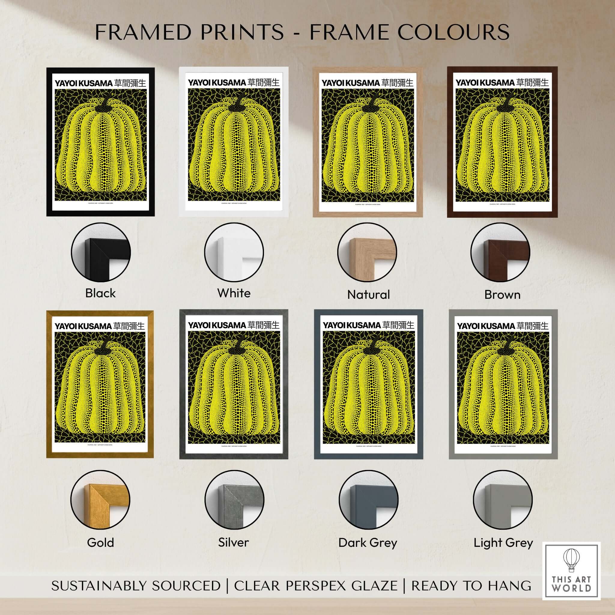 Yayoi Kusama Yellow Black Pumpkin 1991 Hong Kong Art Print Poster Polka Dot Decor framed print color options