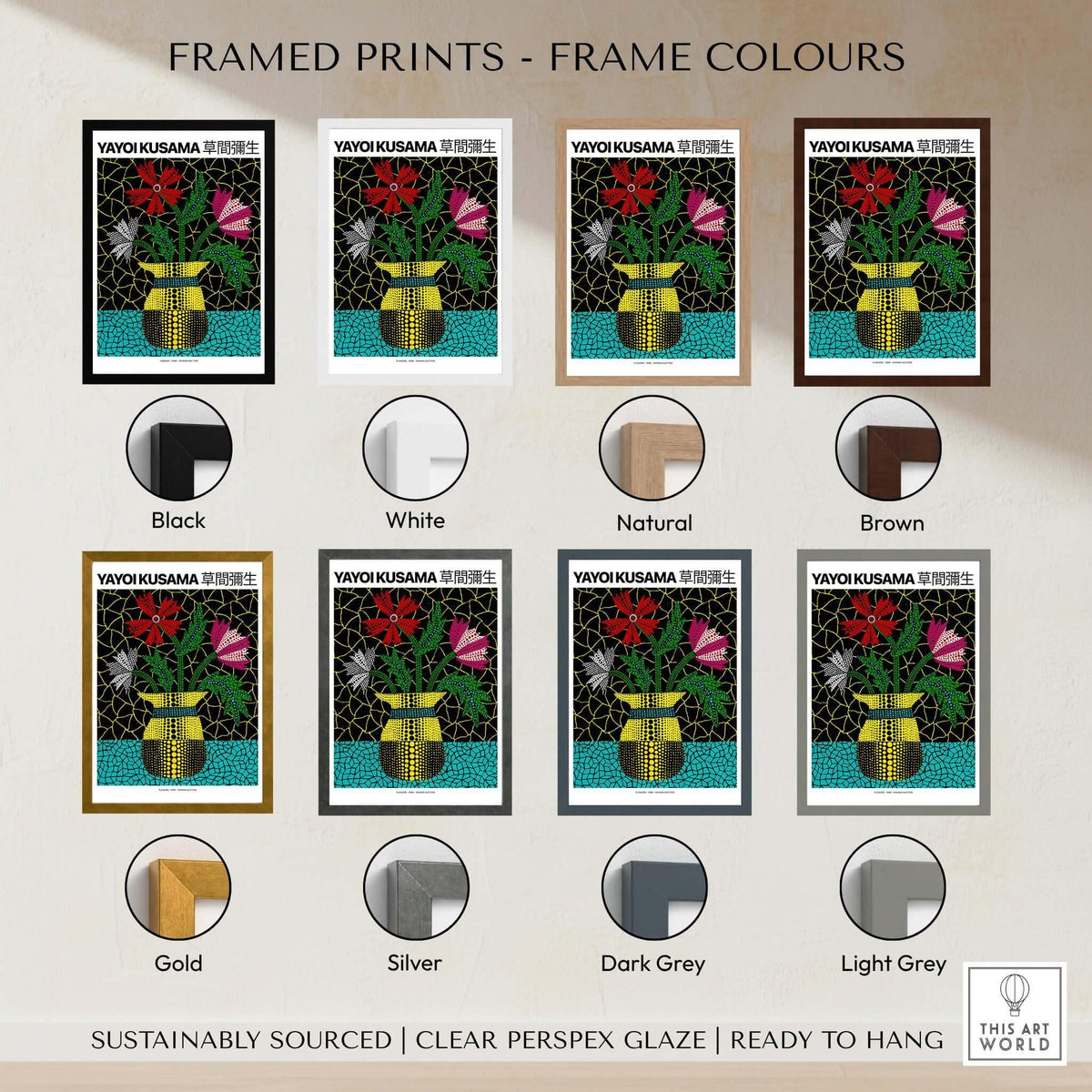 Yayoi Kusama Flowers Vase 1996 Polka Dot Art Print Contemporary Japanese Poster displayed in various frame colors.