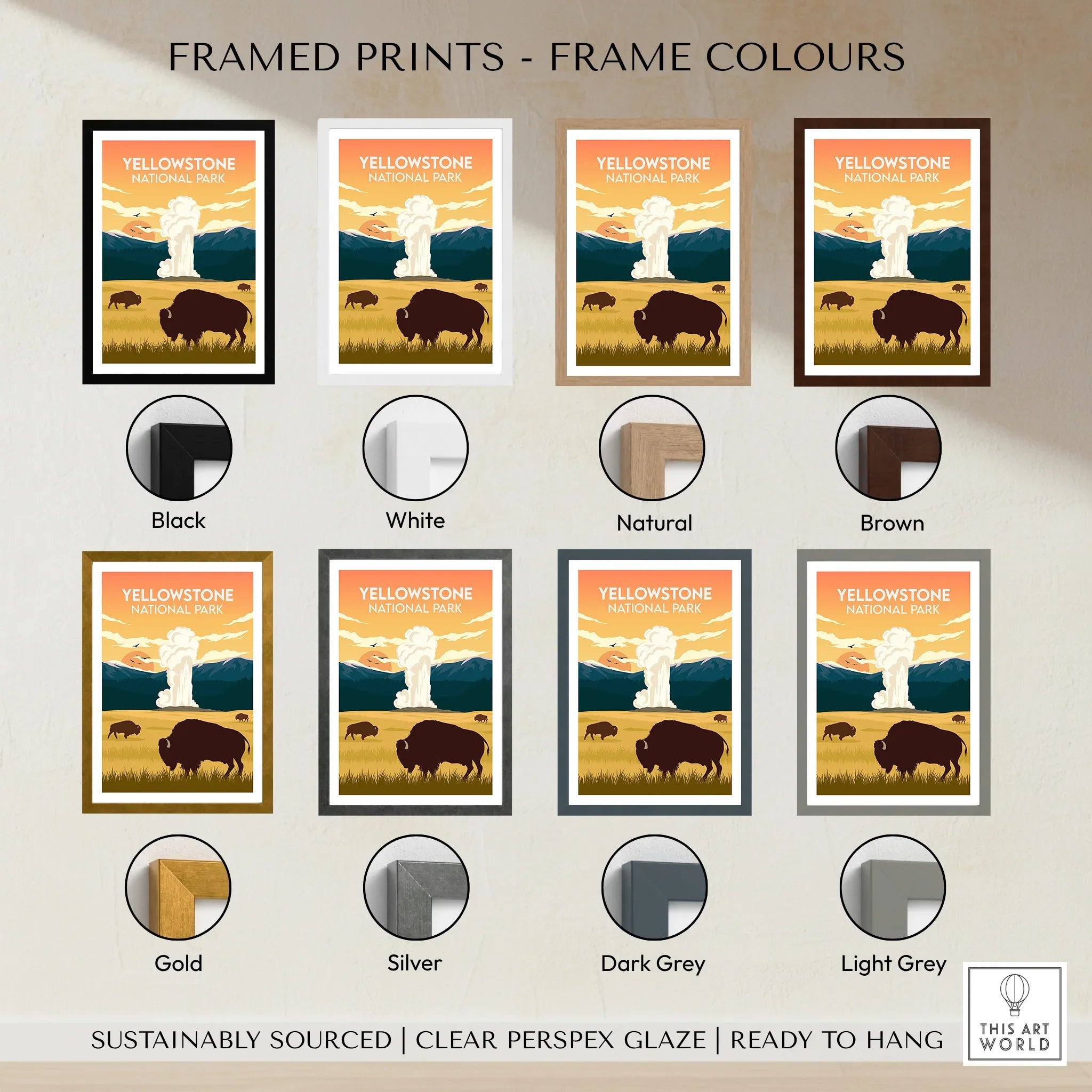 Yellowstone National Park poster print with bison, mountains, and multiple frame colour options
