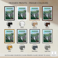 Yellowstone National Park framed print in eight frame color options with waterfall and mountains illustration