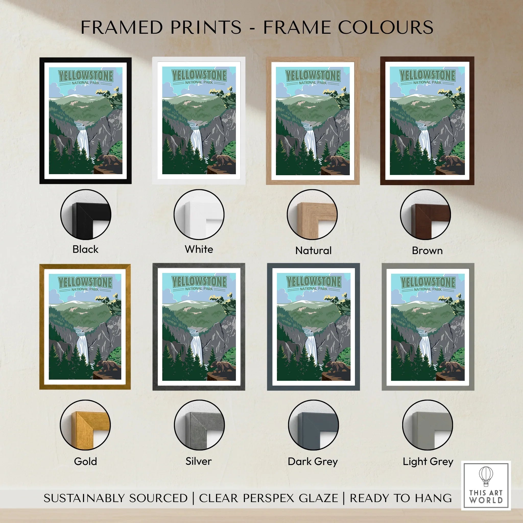 Yellowstone National Park framed print in eight frame color options with waterfall and mountains illustration