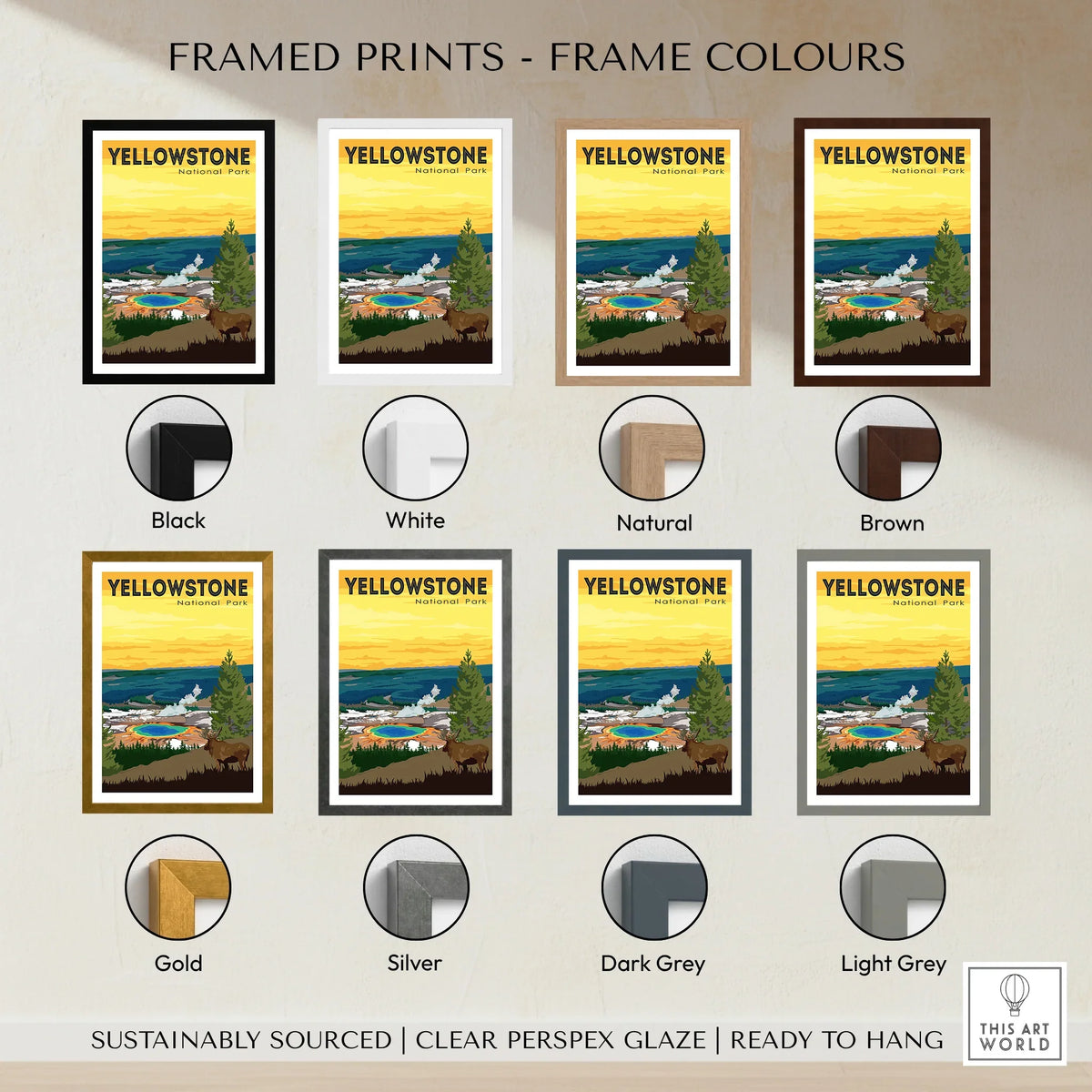 Yellowstone National Park travel poster print with eight different frame color options