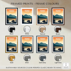 Yoho National Park travel poster print with multiple frame color options, including black, white, natural wood, brown, gold, silver, dark grey, and light grey.