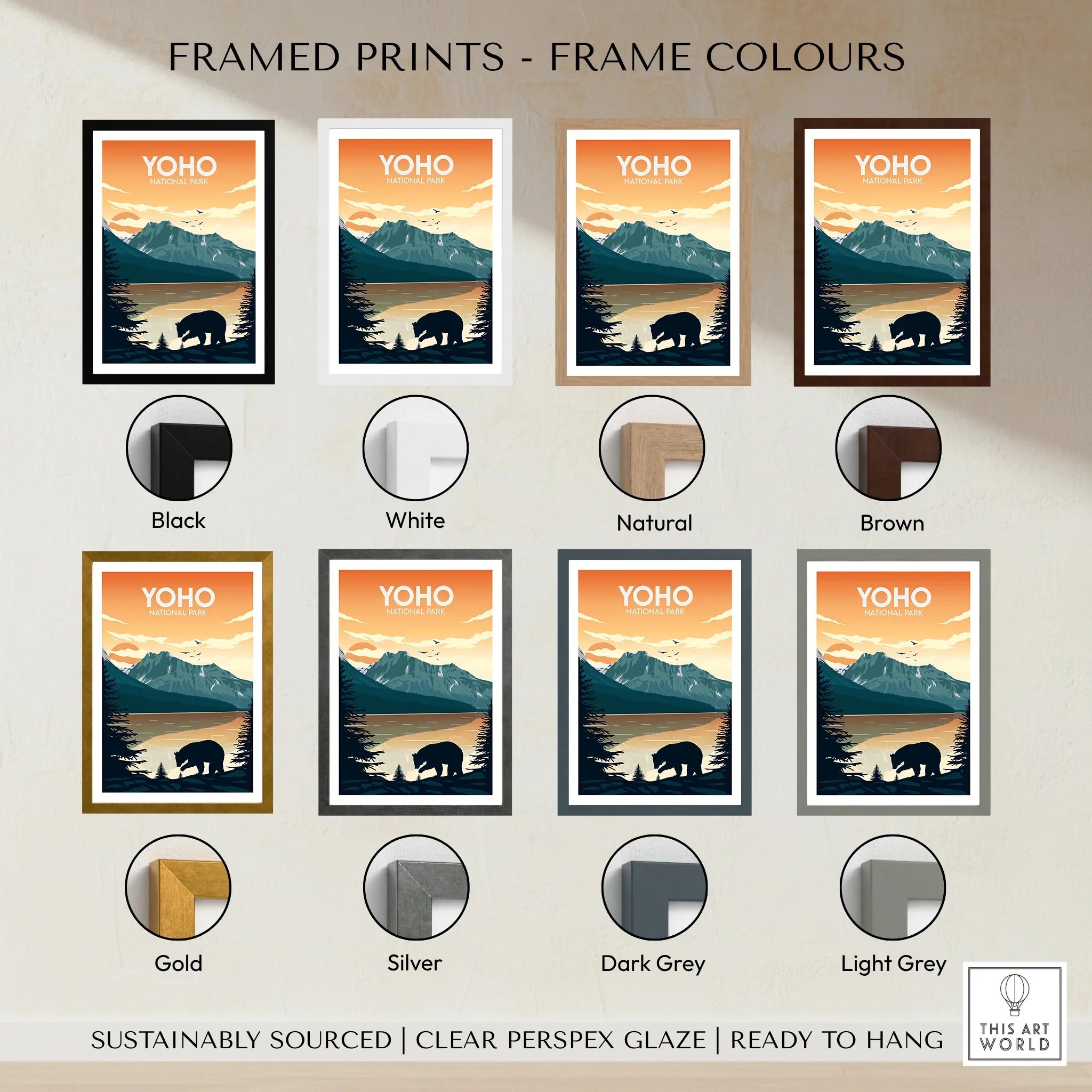 Yoho National Park travel poster print with multiple frame color options, including black, white, natural wood, brown, gold, silver, dark grey, and light grey.