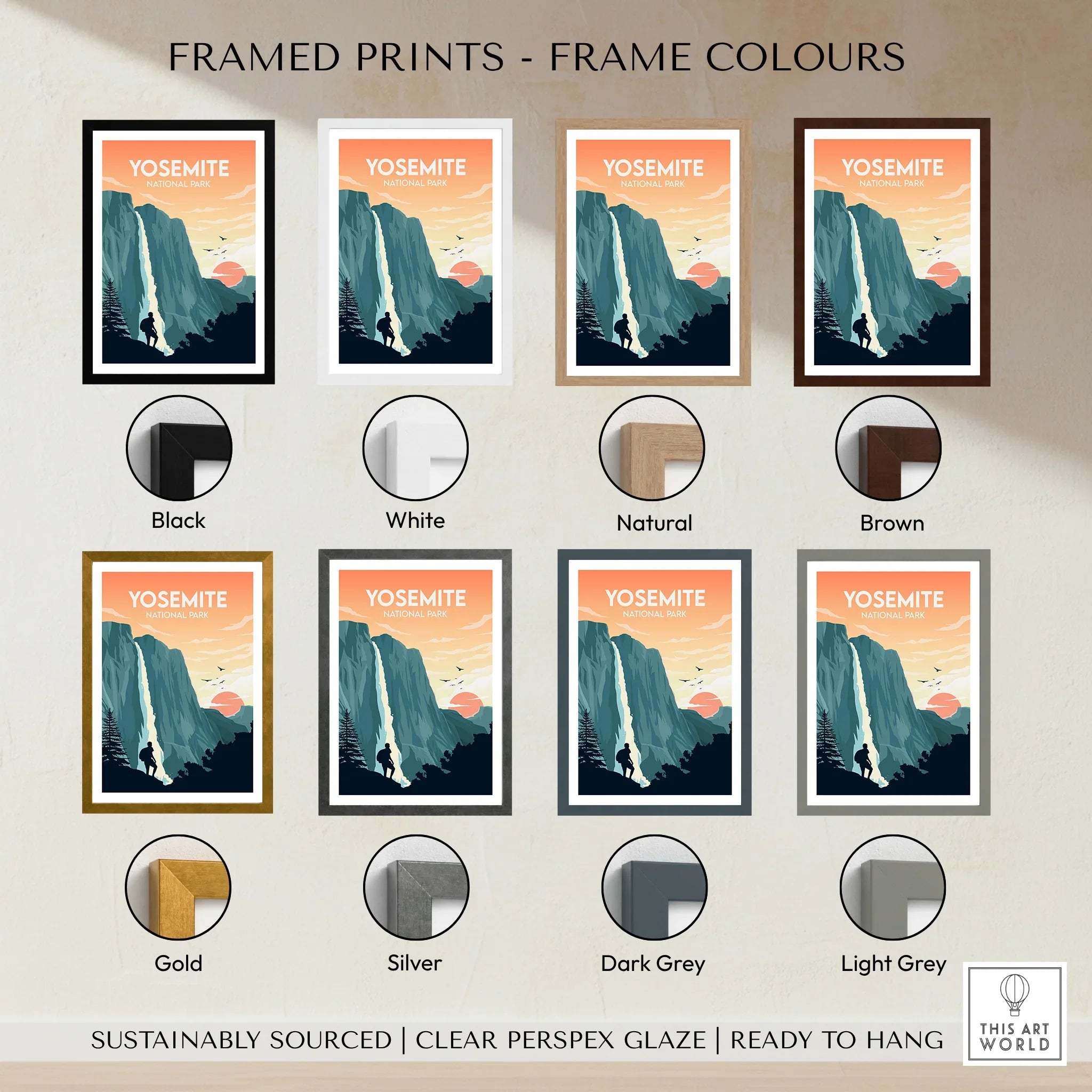 Yosemite National Park travel poster in multiple frame colors, wall art print options.