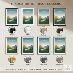 Yosemite National Park travel print in eight different frame colors including black, white, natural, brown, gold, silver, dark grey, and light grey, wall art decor options.