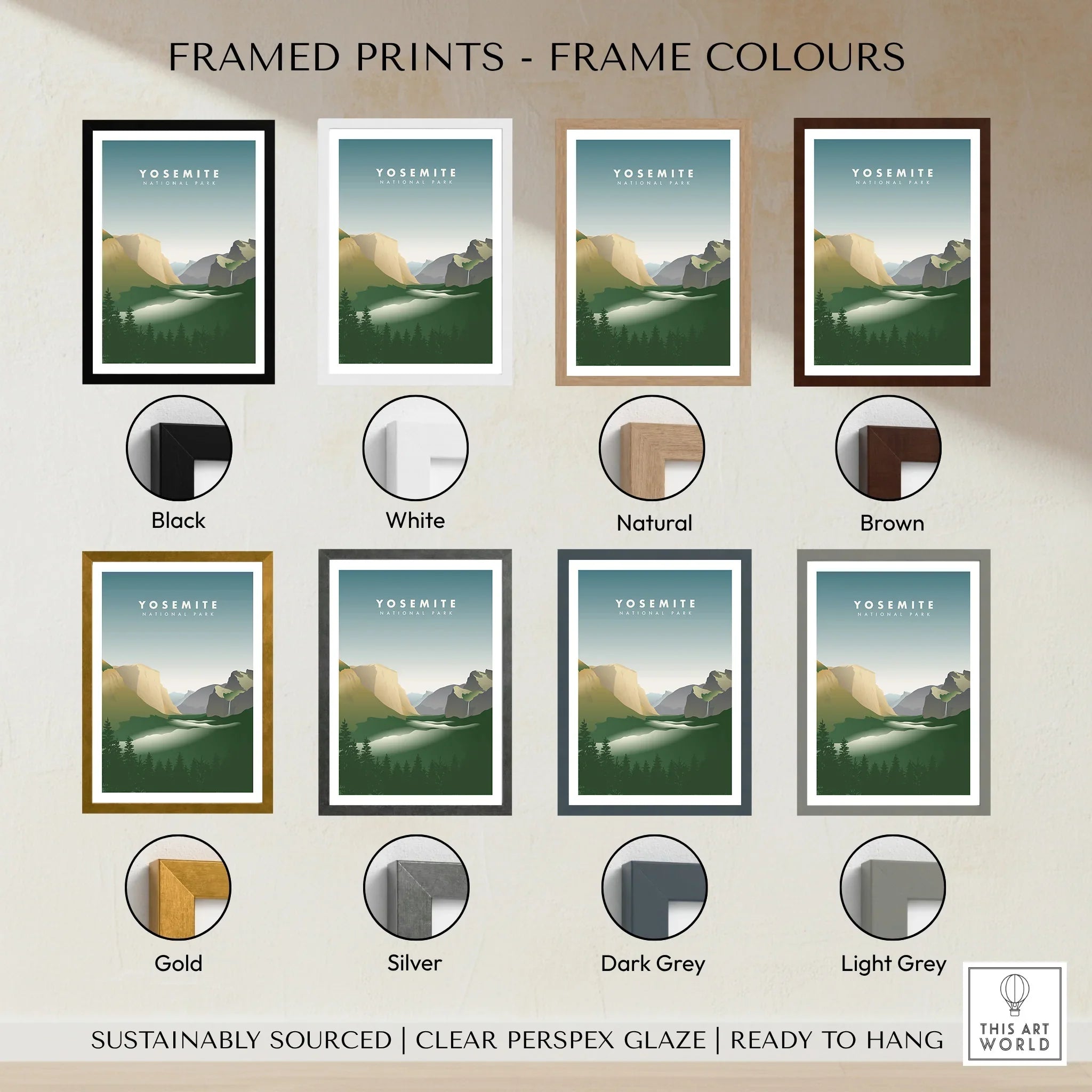 Yosemite National Park travel print in eight different frame colors including black, white, natural, brown, gold, silver, dark grey, and light grey, wall art decor options.
